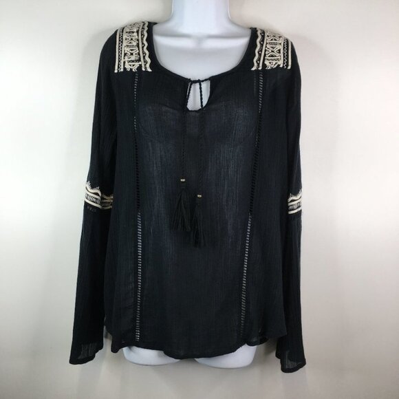 Billabong  see through  black boho long sleeve blouse - Picture 1 of 13
